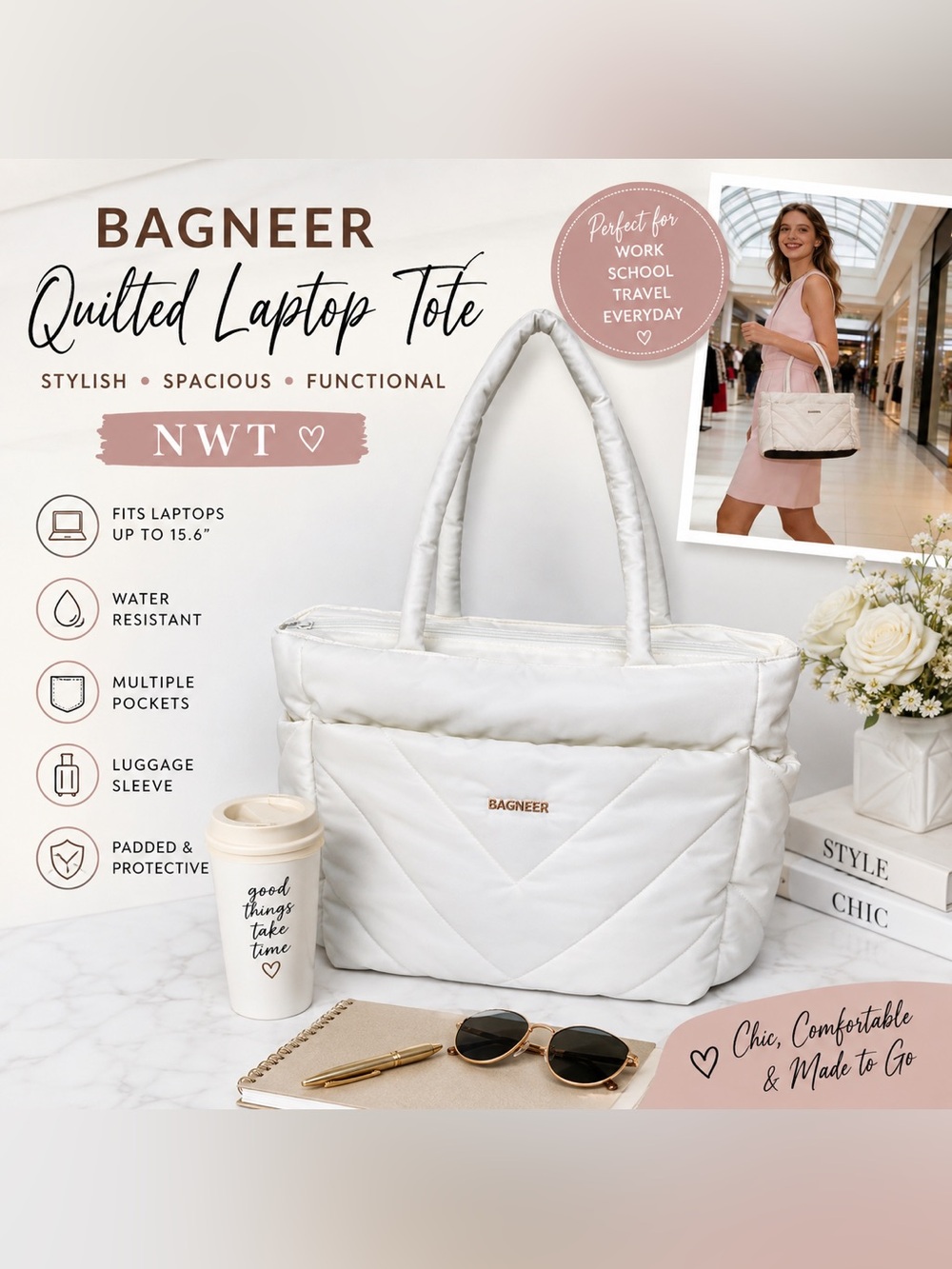 BAGNEER White Quilted Laptop Tote Bag 15.6” Travel Work Shoulder Bag